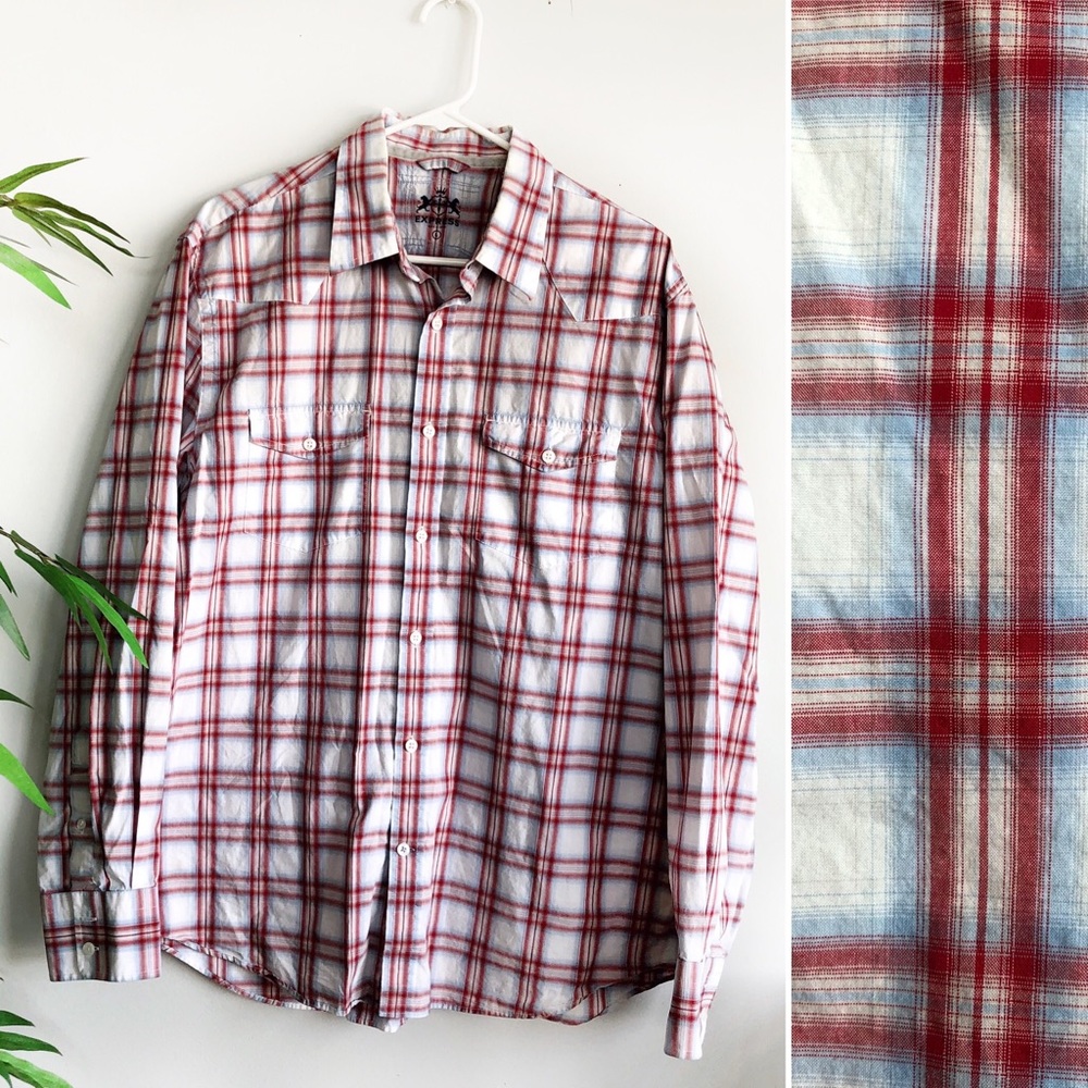 Express Men’s Plaid Button Down Shirt in Red Large